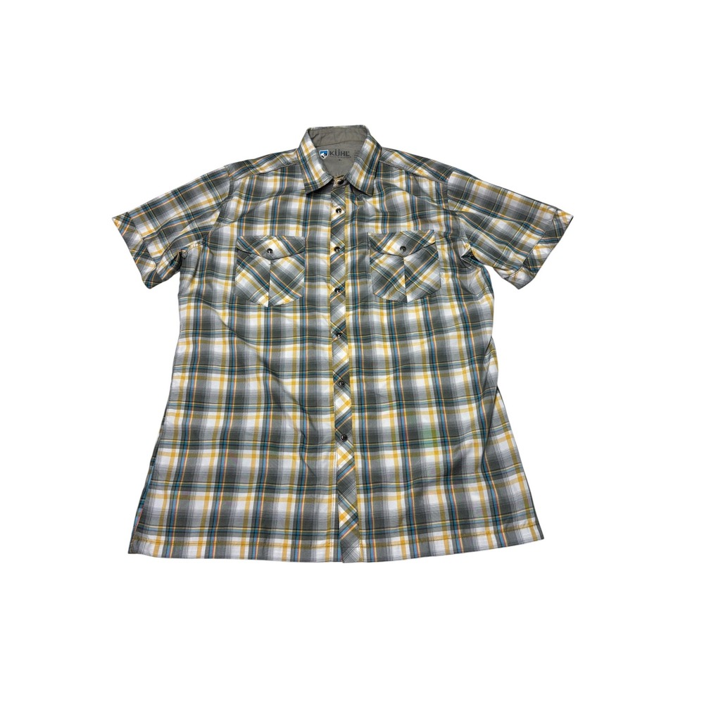 Kuhl Mens Medium Short Sleeve Plaid Button Down Hiking Shirt Yellow Grey Blue